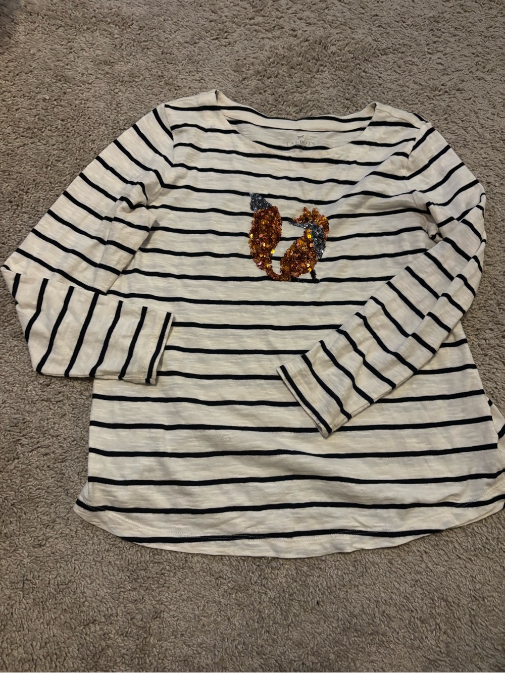 Talbots Cream and Black Striped Long-Sleeve Top with Sequin Fox - Picture 3 of 5